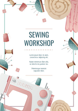 Flyer template with sewing machine and sewing supplies. light industry. Needlework, hobby, sewing. Poster banner for sewing shop, workshop, atelierのイラスト素材