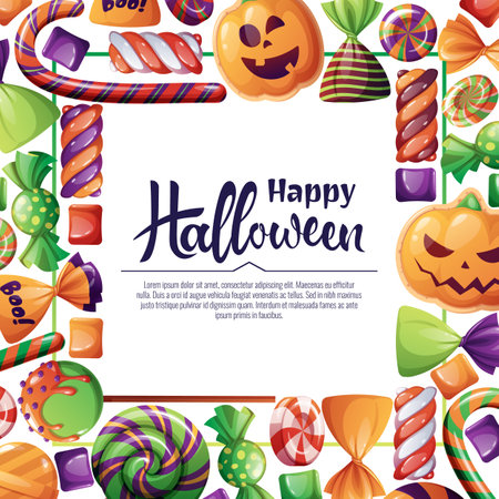Vector background for Halloween invitation or greeting card. Holiday invitation Trick or Treat. Poster, banner with pumpkin biscuits, spooky candies, sweets, cookies, lollipopsのイラスト素材