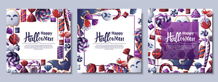 Set of vector backgrounds for Halloween invitation or greeting card. Poster, banner with ghost and bat cookies, candies, sweets, cookies, lollipops. Great for flyer, backdrop.のイラスト素材
