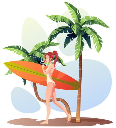 Girl with a surfboard. A surfer walks along the beach with palm trees. Summer sunny illustration, resting woman in a swimsuit. Summer time, outdoor activities, sports. cartoon style.のイラスト素材