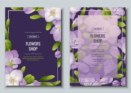 Set of flyer with freesia flowers. Beautiful background with purple flowers and buds. Spring card, banner, wedding invitation.のイラスト素材