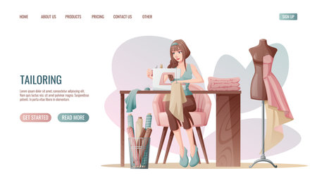 Sewing workshop landing page or web banner template. The dressmaker works on a sewing machine. Profession creative studio. Vector illustration.のイラスト素材