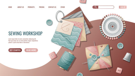 Sewing workshop landing page or web banner template. Hand drawn illustrations of sewing tools, pincushion, fabric, buttons. Pre-made landing for dressmaking, tailoring school, sewing courses.のイラスト素材