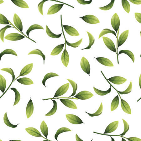 Seamless pattern of green leaves. Blueberry leaf texture. Twigs for fabric, wallpaper, wrapping paper, etcのイラスト素材