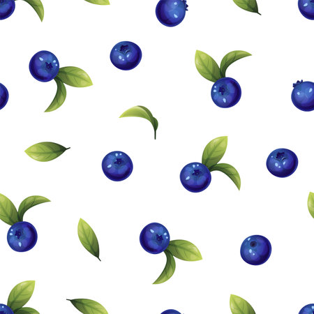 Seamless pattern of blueberries. Texture of blue berries and leaves. Blueberry sprigs for fabric, wallpaper, wrapping paper, etcのイラスト素材