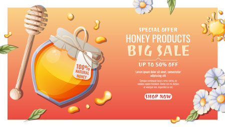 Honey jar with spoon, drops and flowers. Honey products from wild flowers. Discount banner, background, poster for honey shop. Natural, healthy product, sweetnessのイラスト素材