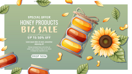 Honey jar with drops and sunflowers. Honey products from wild flowers. Discount banner, background, poster for honey shop. Natural, healthy product, sweetnessのイラスト素材