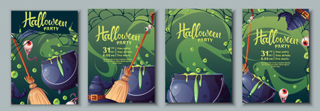 Set of Halloween party invitation templates. Flyer, banner for All Saints Day. Witch s cauldron, broom, hat, spider s web. Greeting card for the holiday.のイラスト素材
