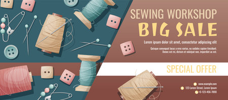 Banner template for sewing workshop. Discount coupon with sewing items. Pattern, template, buttons, thread. Poster for sewing courses, schools, shops, ateliers. Discounts on products and servicesのイラスト素材