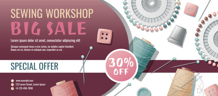 Banner template for sewing workshop. Discount coupon with sewing items. Pincushion, pins, needles, thimble, thread. Poster for tailoring courses, schools, shops, ateliers. Banner for sale of goodsのイラスト素材