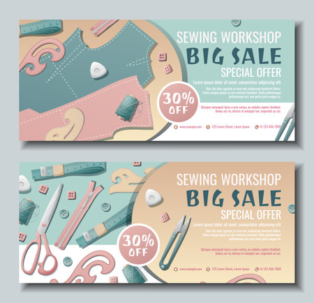 Set of banner templates for sewing workshop. Discount coupon with sewing items. Pattern, template, buttons, thread. Poster for sewing courses, schools, shops, ateliers. Discounts on productsのイラスト素材