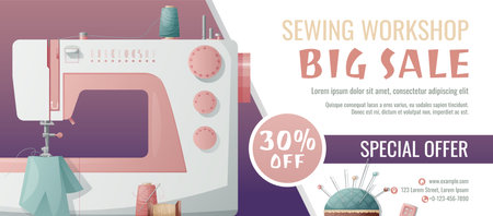 Banner template for sewing workshop. Discount coupon with sewing items. Sewing machine, fabric, threads. Poster for tailoring courses, schools, shops, ateliers, light industry. Banner for sale of goodのイラスト素材