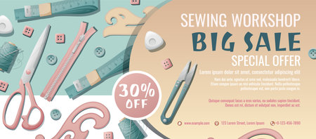 Banner template for sewing workshop. Discount coupon with sewing items. Pattern, template, buttons, thread. Poster for sewing courses, schools, shops, ateliers. Discounts on products and servicesのイラスト素材