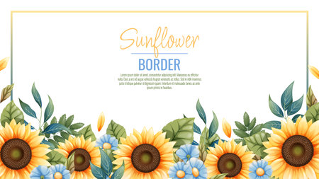 Border template with sunflowers, blue daisies. Frame, banner with autumn wildflowers. Background with botanical elementsのイラスト素材