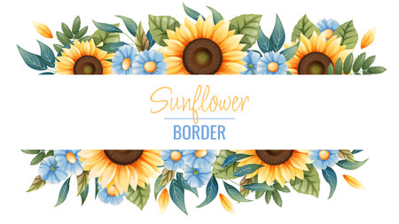 Border template with sunflowers, blue daisies. Frame, banner with autumn wildflowers. Background with botanical elementsのイラスト素材