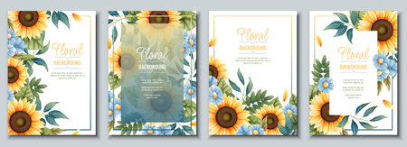 Set of greeting card template with sunflowers, blue daisies. Flyer, banner with autumn wildflowers. Design for wedding invitation and party.のイラスト素材