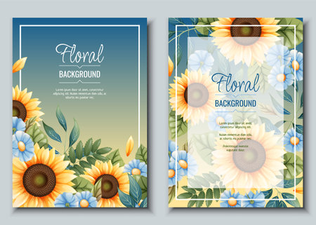Set of greeting card template with sunflowers, blue daisies. Flyer, banner with autumn wildflowers. Design for wedding invitation and party.のイラスト素材