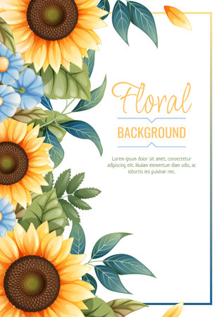 Greeting card template with sunflowers, blue daisies. Flyer, banner with autumn wildflowers. Design for wedding invitation and party.のイラスト素材