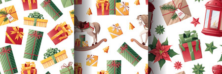 Set of seamless patterns for Christmas. Texture with holiday gift boxes, rocking horse, bows, lantern. Great for wallpaper, wrapping paper, fabric, textiles, etcのイラスト素材