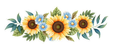 Floral arrangement of sunflowers and blue forget-me-nots on an isolated background. Bouquet of wild and agricultural flowers.のイラスト素材