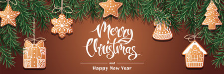 Festive banner with fir branches and gingerbread cookies hanging on strings. Christmas background with gingerbread. Suitable for greeting cards, banners, posters, flyers for New Year and Christmas.のイラスト素材