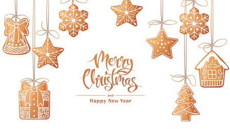 Background with gingerbread cookies hanging on strings. Christmas banner with gingerbread cookies on isolated background. Suitable for design of greeting cards, banners, posters, flyersのイラスト素材