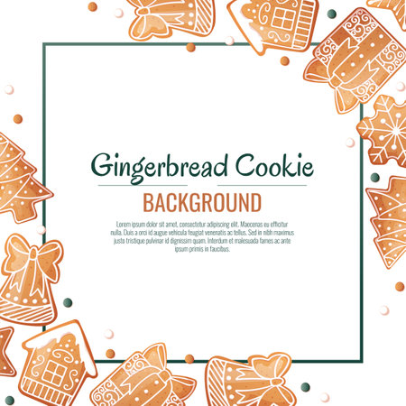 Christmas background with gingerbread house, gift, snowflake, fir tree. Greeting card with cookies in glaze. Flyer, banner poster for invitation.のイラスト素材