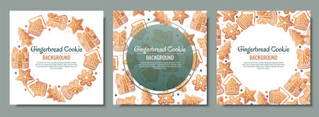 Set of Christmas background with gingerbread house, gift, snowflake, fir tree. Greeting card with cookies in glaze. Flyer, banner poster for invitation.のイラスト素材