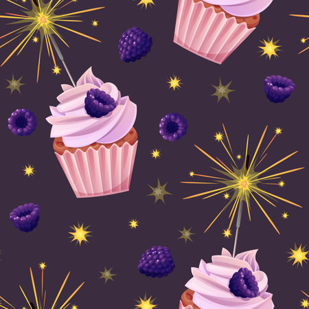 Seamless pattern with cupcake decorated with cream, blackberries and sparklers. Birthday muffin background. Festive texture for wrapping paper, cards, fabric, wallpaper.のイラスト素材