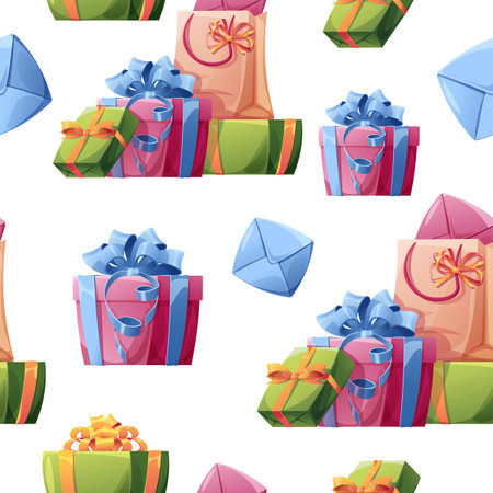 Seamless pattern with gift box, confetti, serpentine. Background with festive items for birthday. Festive texture for wrapping paper, cards, fabric, wallpaper.のイラスト素材
