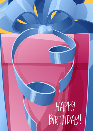 Birthday greeting card template. Banner, flyer with gift box and bow. Happy birthday Invitation design for holiday, anniversary, partyのイラスト素材