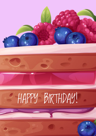 Banner, flyer with a cake decorated with cream, raspberries, blueberries and a candle. Happy birthday Invitation design for holiday, anniversary, partyのイラスト素材