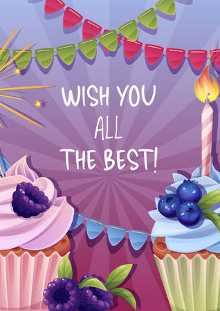 Birthday greeting card template. Banner, flyer with cupcake with meringue and raspberries, blueberries and candle. Happy birthday Invitation design for holiday, anniversary, party.のイラスト素材