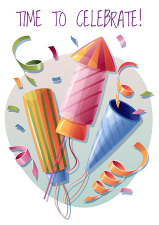 Birthday greeting card template. Banner, flyer with crackers, fireworks, serpentine and confetti. Time to celebrate Invitation design for holiday, anniversary, partyのイラスト素材