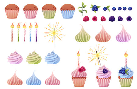 Cupcake, muffin constructor kit, cake cups. Cupcake constructor. Create your dessert. Elements of cupcake, meringue, creams, candles, blueberry raspberry blackberry decorationsのイラスト素材