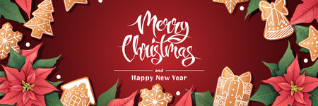 Holiday banner with poinsettia and gingerbread cookies. Christmas background with gingerbread. Suitable for greeting cards, banners, posters, flyers for New Year and Christmas.のイラスト素材