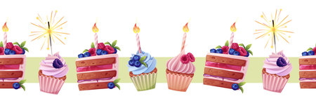 Seamless border of cupcakes, piece of cake, decorated with cream and berries. Tape for decoration, design, cards.のイラスト素材