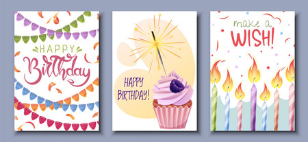 Set birthday greeting card design. Banner, flyer template with cupcake, candles, flags, garland, gifts. Happy birthday Invitation design for holiday, anniversary, party.のイラスト素材