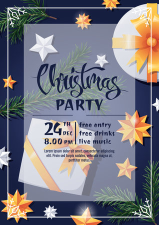 Christmas party invitation template design. Flyer, poster with gift box, fir branch and stars. Merry Christmas and Happy New Yearのイラスト素材