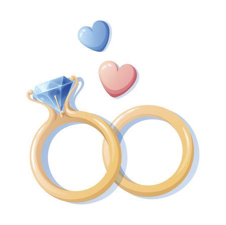 Wedding rings with diamond and hearts on an isolated background. Wedding illustration for logo, icon, invitation design.のイラスト素材