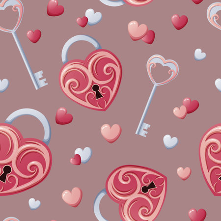 Seamless pattern with heart-shaped lock, key and hearts. Great for wrapping paper, fabric, wallpaper, textiles. Background for Valentine's Dayのイラスト素材