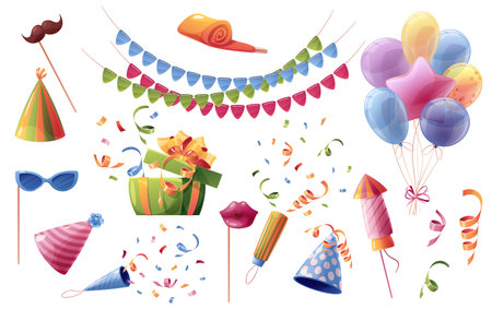 Set of accessories for a birthday party on an isolated background. Masquerade, festival, photo booth supplies. Holiday decorations, flags, balloons, confetti, etc. Birthday party elements.のイラスト素材