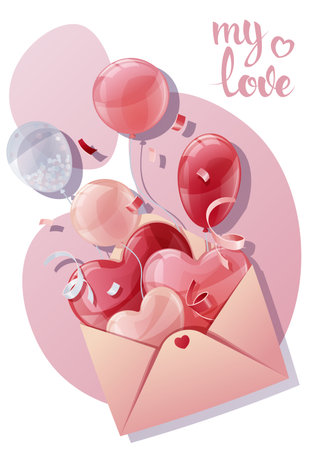 Card design for Valentine s Day and Mother s Day. Poster, banner with envelope and balloons. Background with flying helium balloons in the shape of hearts.のイラスト素材