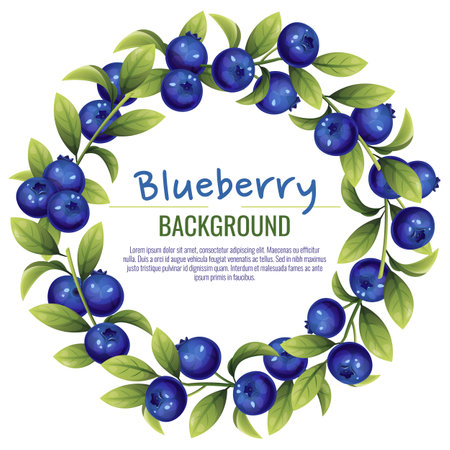 Card design with blueberries and green leaves. Frame, background with wild berries.のイラスト素材