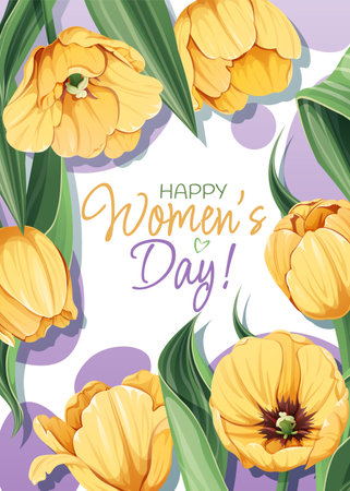 Greeting card for International Women's Day. Poster with yellow tulips for March 8th. Vector template with spring bouquet.のイラスト素材