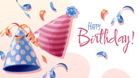 Happy Birthday greeting banner and poster design Happy birthday design for greeting cards and poster with party cap and confetti. Background, banner template for birthday celebration.のイラスト素材