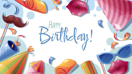 Happy Birthday greeting banner and poster with party cap, photo booth accessories, and confetti. Background, banner template for birthday celebration.のイラスト素材