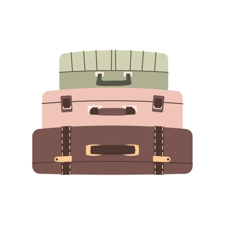 Pile of travel bags on isolated background. Suitcases for tourism and summer holidays. Hand-drawn in trendy style. Colorful flat vector illustrationのイラスト素材