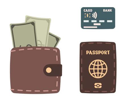 Passport, wallet with money and bank card on an isolated background. Vacation, travel around the world, adventure. Hand-drawn in trendy style. Colorful flat vector illustrationのイラスト素材