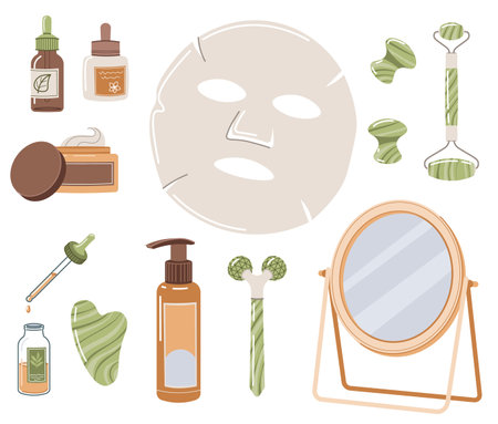 Set of beauty products for facial care. Skin care. Moisturizing cream, lotion, mask, gua sha massager. Vector flat illustration.のイラスト素材